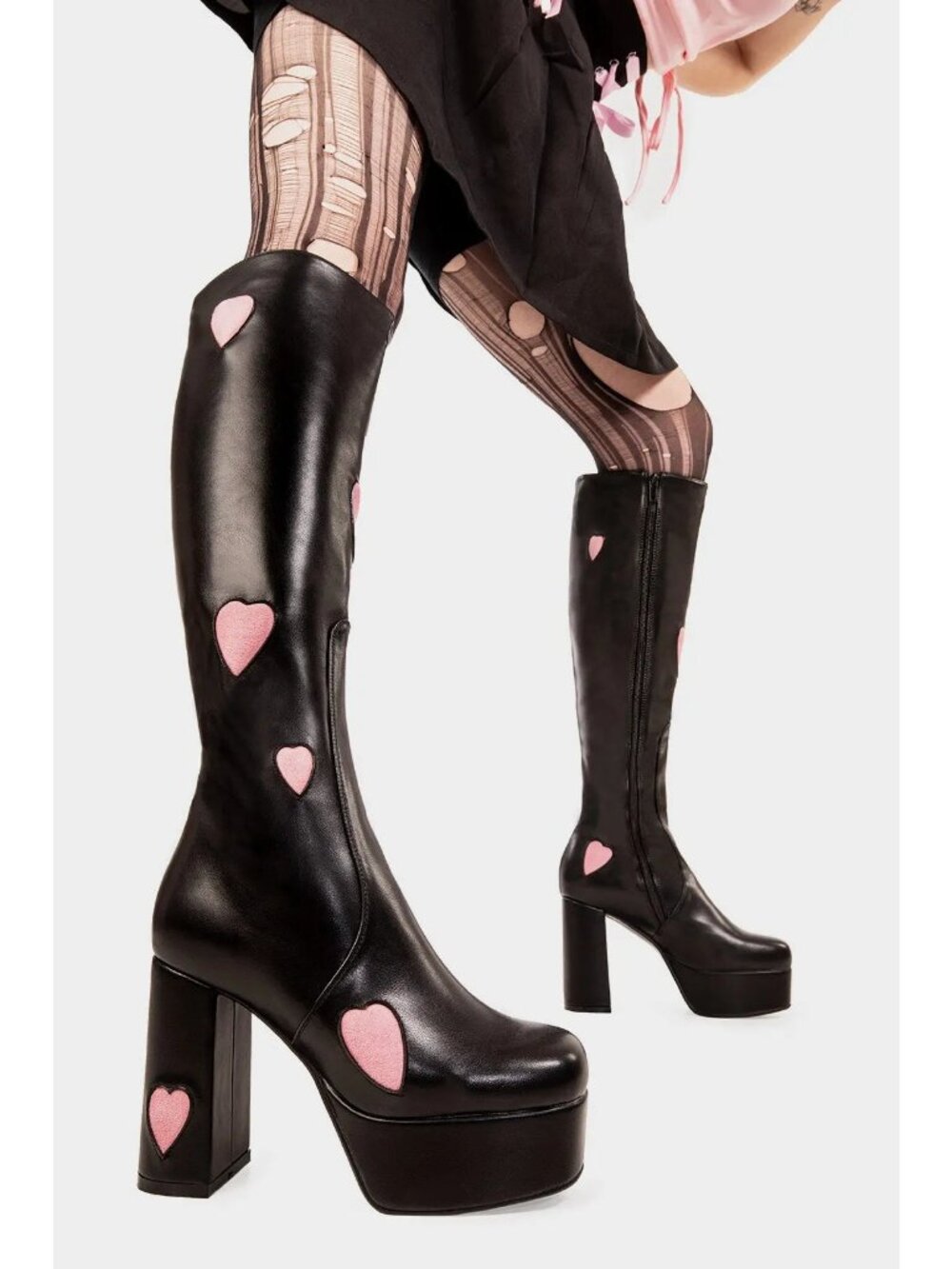 Lamoda Black Knee High Pink Heart Platform Boots Size UK 4 US 6 Vegan Leather - Picture 2 of 9